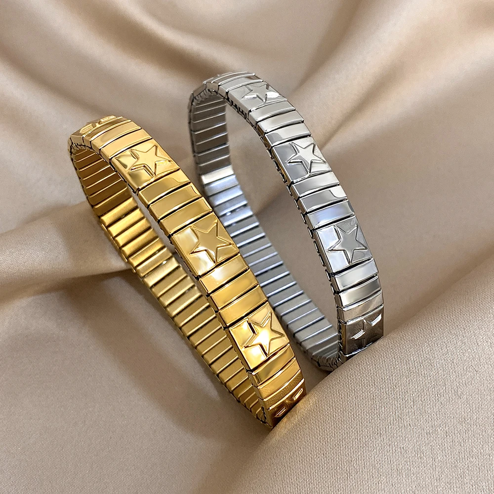 Vintage Italian Charm Elastic Stainless Steel Star Pattern Bracelet Bangles For Women Men Watchband Link Chain Adjustable