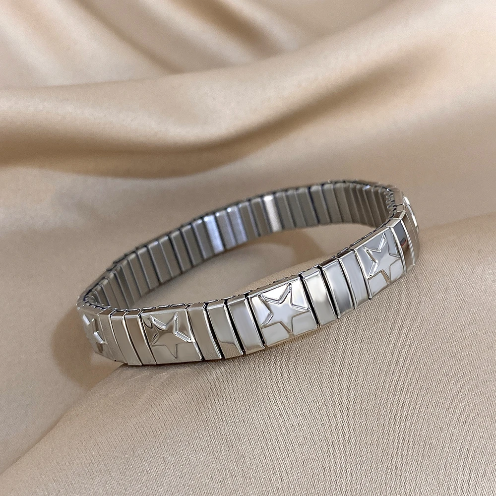 Vintage Italian Charm Elastic Stainless Steel Star Pattern Bracelet Bangles For Women Men Watchband Link Chain Adjustable