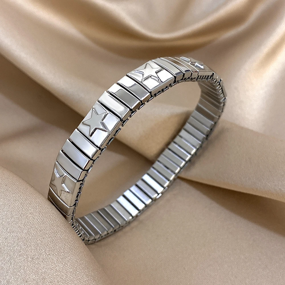 Vintage Italian Charm Elastic Stainless Steel Star Pattern Bracelet Bangles For Women Men Watchband Link Chain Adjustable