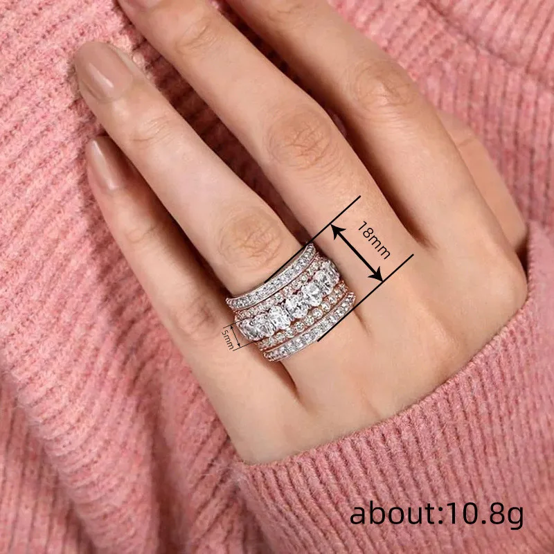 925 Sterling Silver Wide Rings for Women Full Brilliant Cubic Zirconia Exquisite Superb Party Jewelry Trendy Chic Accessories
