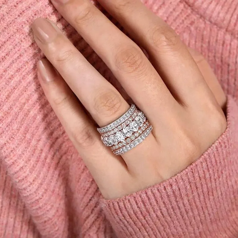 925 Sterling Silver Wide Rings for Women Full Brilliant Cubic Zirconia Exquisite Superb Party Jewelry Trendy Chic Accessories