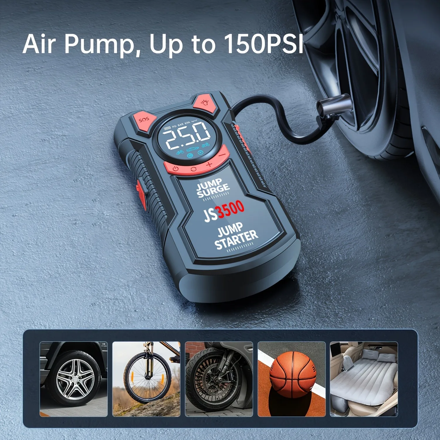 PAIVIROKU 5-in-1 Jump Starter with Air Pump 3000A Peak Starter Box 150PSI Battery Pack with Digital Tire Inflator Car Battery Jump Starter