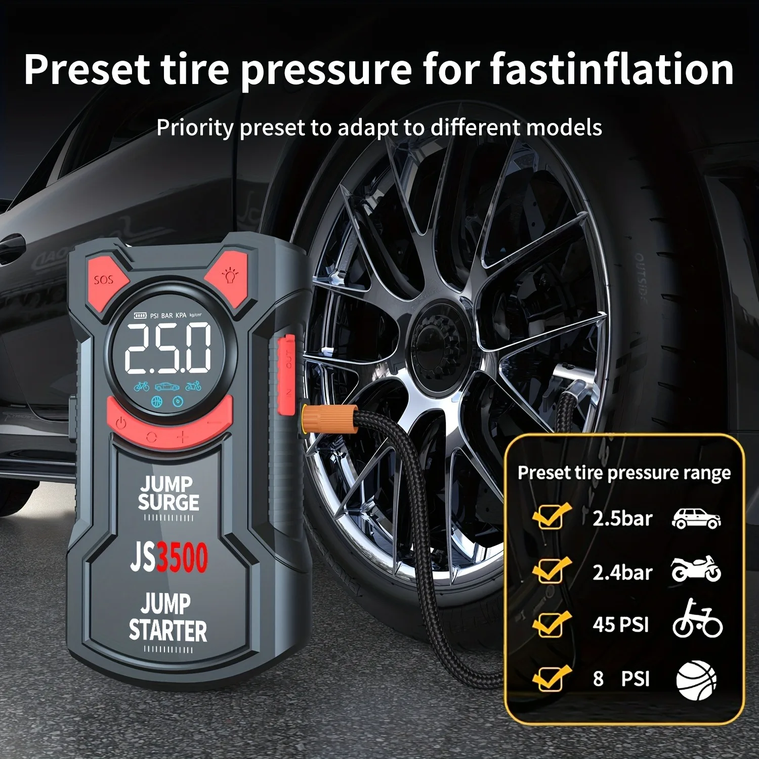 PAIVIROKU 5-in-1 Jump Starter with Air Pump 3000A Peak Starter Box 150PSI Battery Pack with Digital Tire Inflator Car Battery Jump Starter