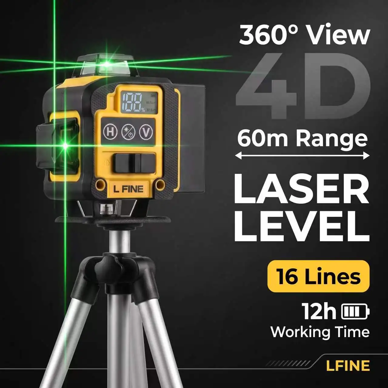L FINE Green Beam Laser Level 16 Lines 3D 360° Horizontal & Vertical Self-Leveling Measuring Tool – Model 360-01