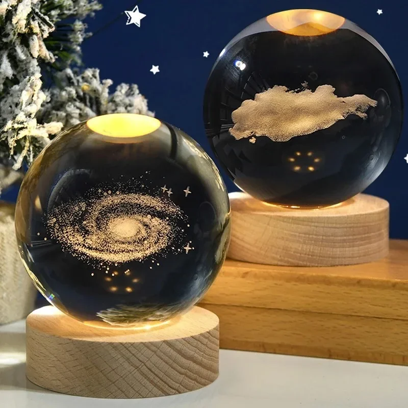 HPH Crystal Ball Night Light Moon Light Lamp Laser Engraved Crystal Ball Solar System Light Christmas Gift Glass Room Decoration