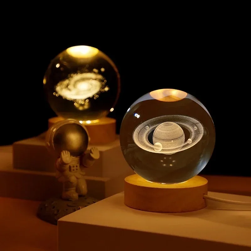 HPH Crystal Ball Night Light Moon Light Lamp Laser Engraved Crystal Ball Solar System Light Christmas Gift Glass Room Decoration