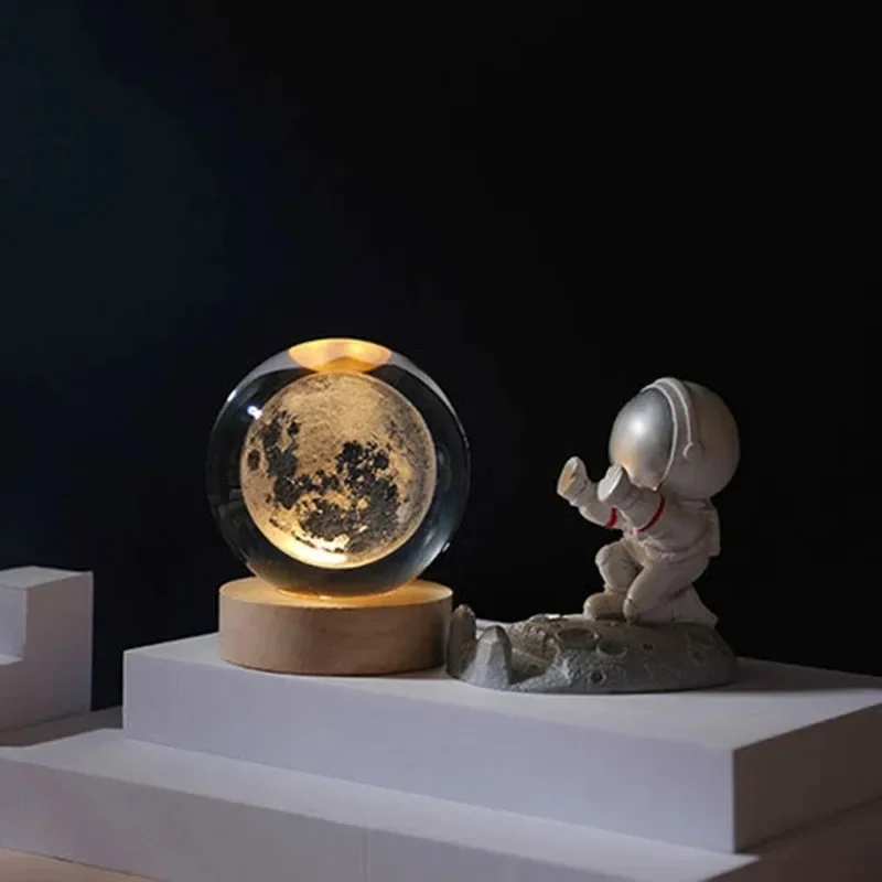 HPH Crystal Ball Night Light Moon Light Lamp Laser Engraved Crystal Ball Solar System Light Christmas Gift Glass Room Decoration
