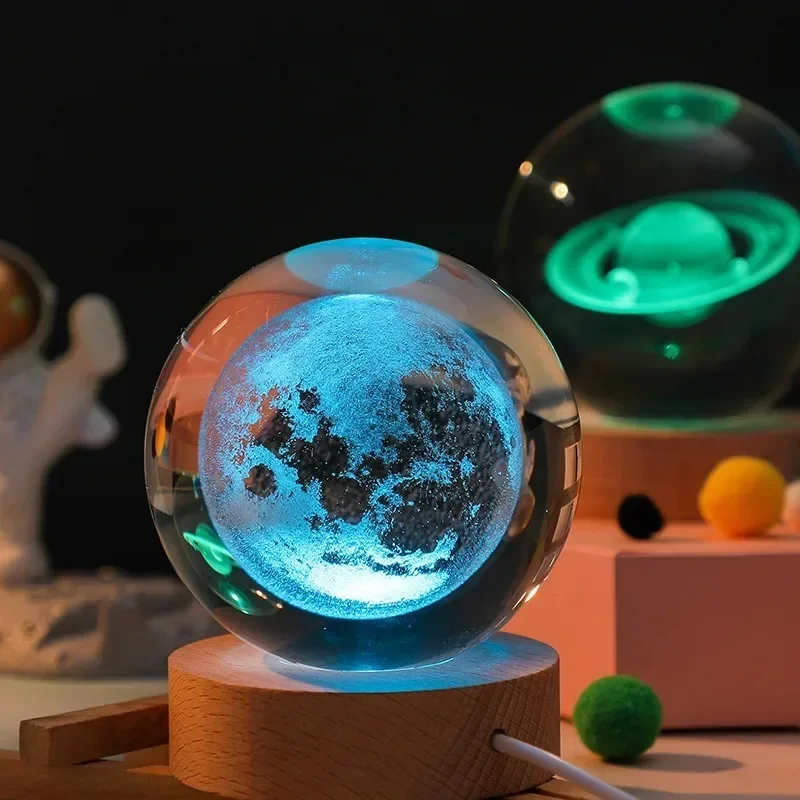 HPH Crystal Ball Night Light Moon Light Lamp Laser Engraved Crystal Ball Solar System Light Christmas Gift Glass Room Decoration