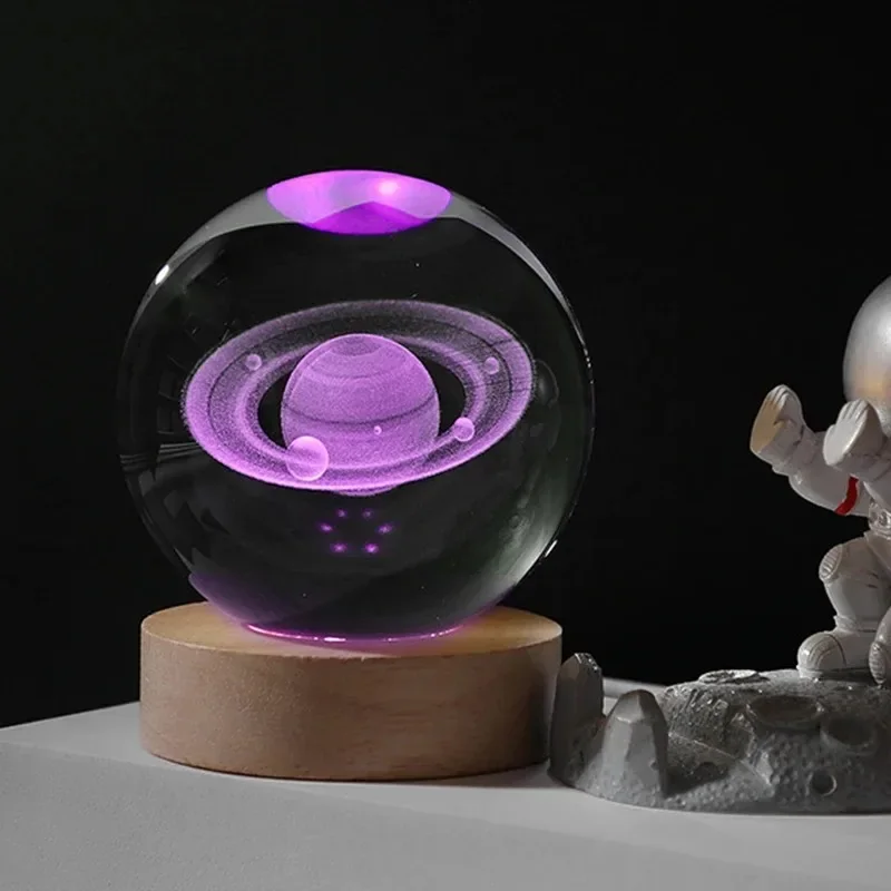 HPH Crystal Ball Night Light Moon Light Lamp Laser Engraved Crystal Ball Solar System Light Christmas Gift Glass Room Decoration