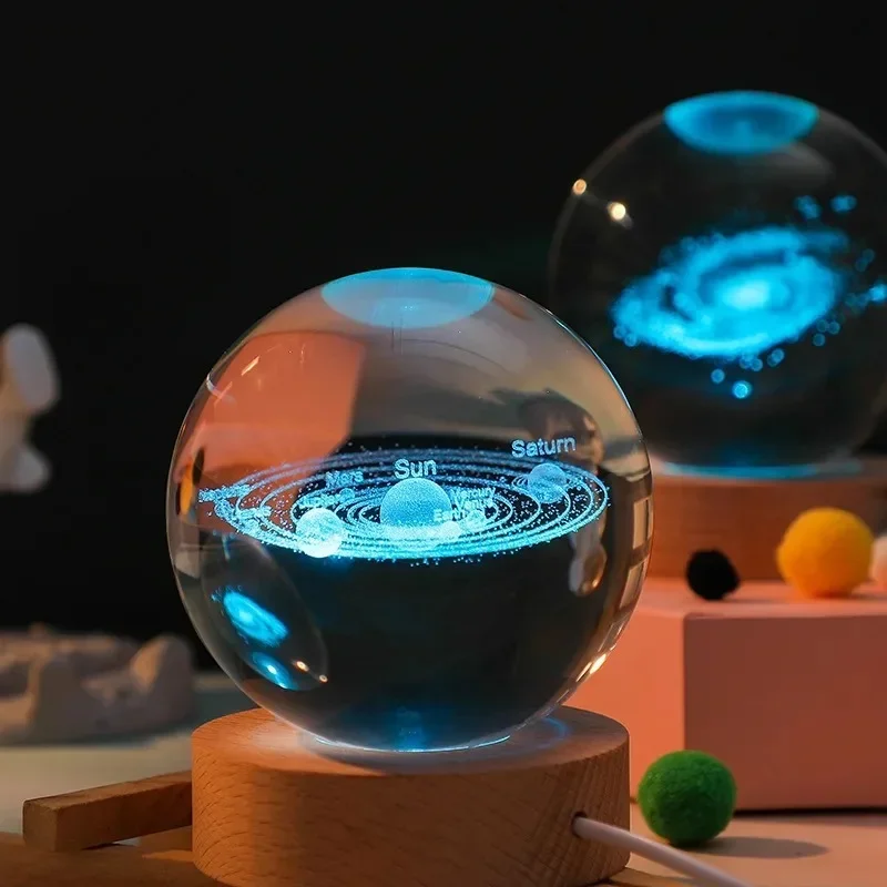 HPH Crystal Ball Night Light Moon Light Lamp Laser Engraved Crystal Ball Solar System Light Christmas Gift Glass Room Decoration