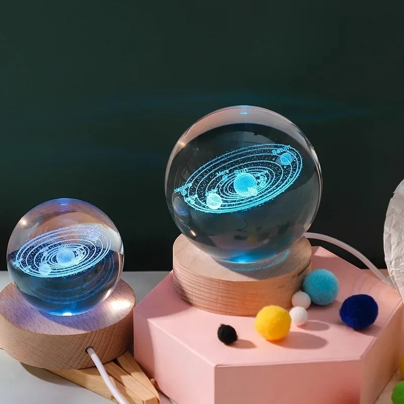 HPH Crystal Ball Night Light Moon Light Lamp Laser Engraved Crystal Ball Solar System Light Christmas Gift Glass Room Decoration