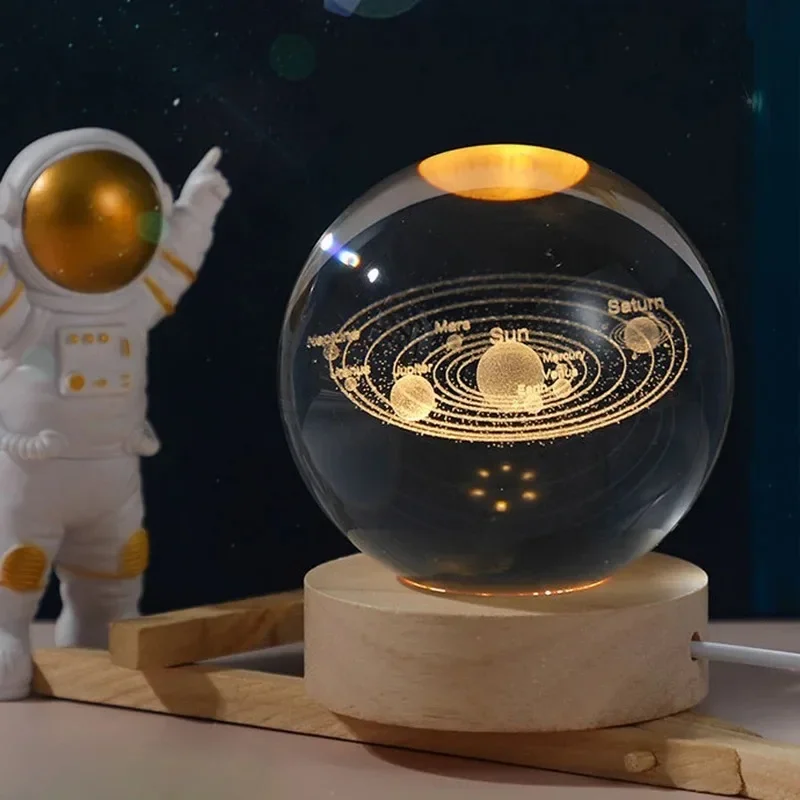 HPH Crystal Ball Night Light Moon Light Lamp Laser Engraved Crystal Ball Solar System Light Christmas Gift Glass Room Decoration