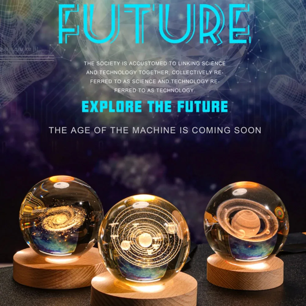 HPH Crystal Ball Night Light Moon Light Lamp Laser Engraved Crystal Ball Solar System Light Christmas Gift Glass Room Decoration
