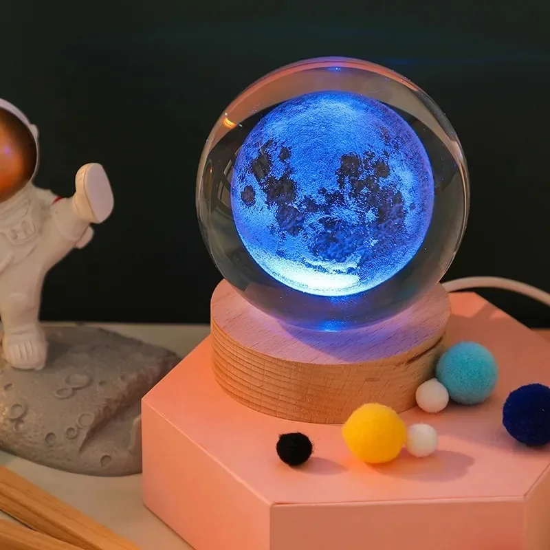 HPH Crystal Ball Night Light Moon Light Lamp Laser Engraved Crystal Ball Solar System Light Christmas Gift Glass Room Decoration