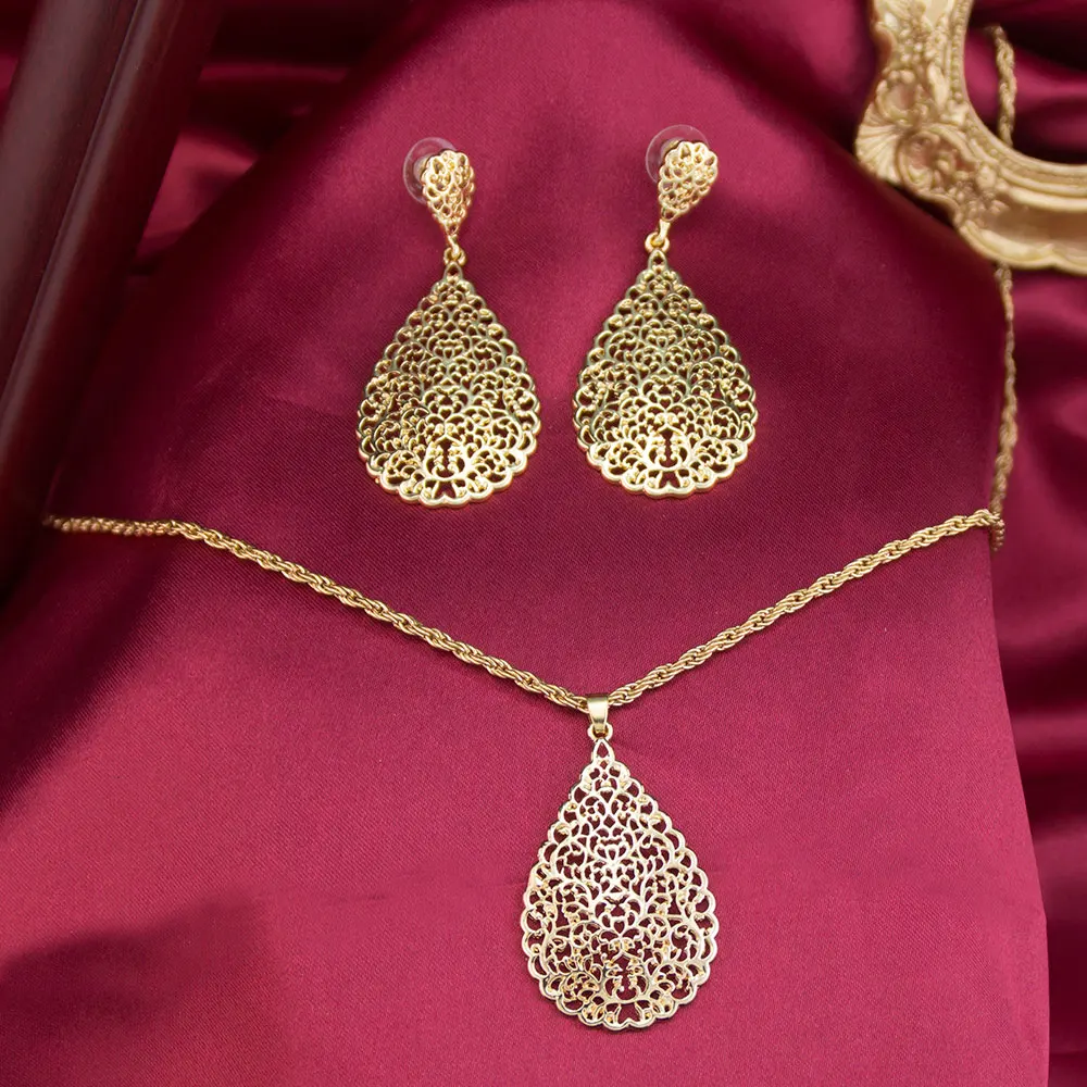 Sunspicems Gold Color Arabian Women Jewelry Set Hollow Teardrop Earrings Pendant Necklace Moroccan Bridal Bijoux Beach Jewel