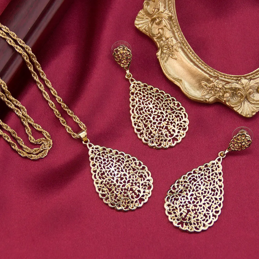 Sunspicems Gold Color Arabian Women Jewelry Set Hollow Teardrop Earrings Pendant Necklace Moroccan Bridal Bijoux Beach Jewel
