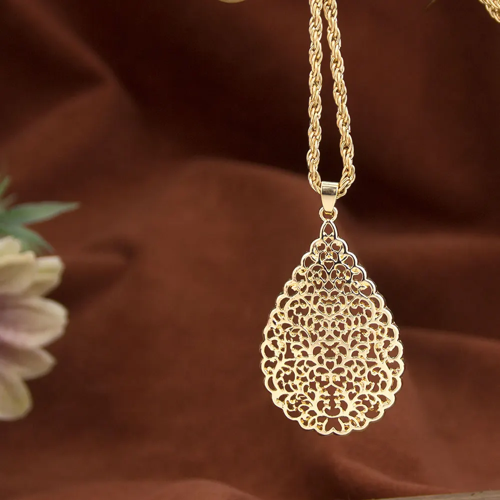 Sunspicems Gold Color Arabian Women Jewelry Set Hollow Teardrop Earrings Pendant Necklace Moroccan Bridal Bijoux Beach Jewel