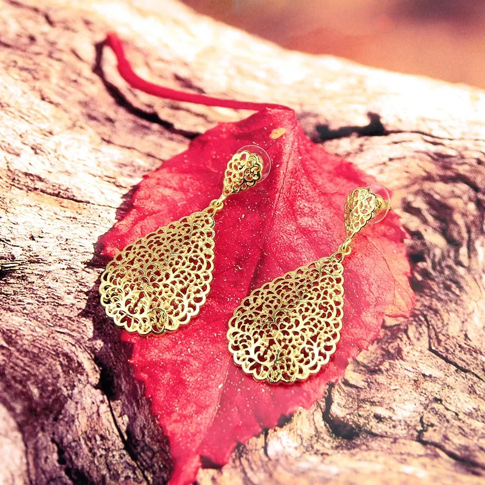 Sunspicems Gold Color Arabian Women Jewelry Set Hollow Teardrop Earrings Pendant Necklace Moroccan Bridal Bijoux Beach Jewel