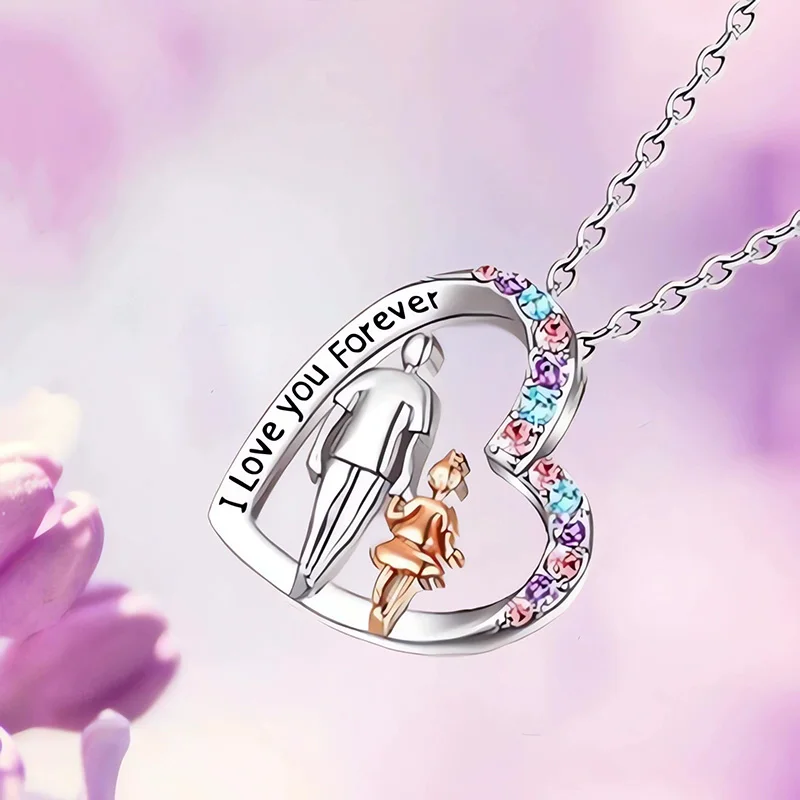 Cute I Love You Forever Dad And Daughter Necklace Colorful Crystal Heart Pendant Necklaces For Girls Jewelry