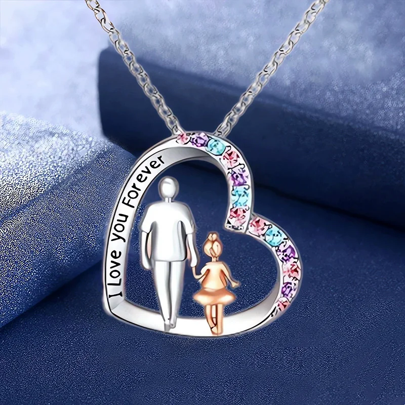 Cute I Love You Forever Dad And Daughter Necklace Colorful Crystal Heart Pendant Necklaces For Girls Jewelry