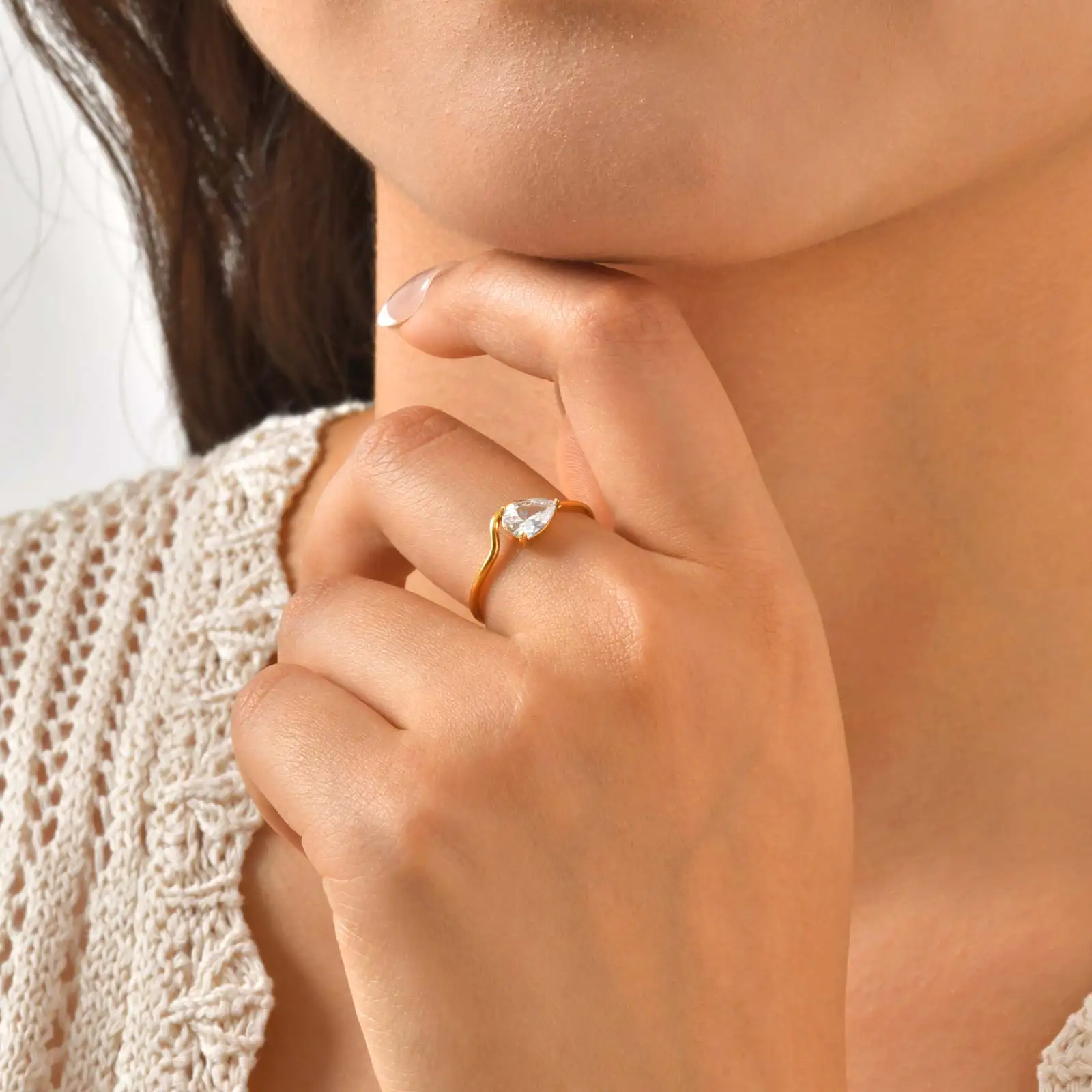 Minimalist Water Drop White Zircon Women Ring, Wave Drop Stainless Steel Ring, 18K Gold Plated Waterproof Luxury Jewelry