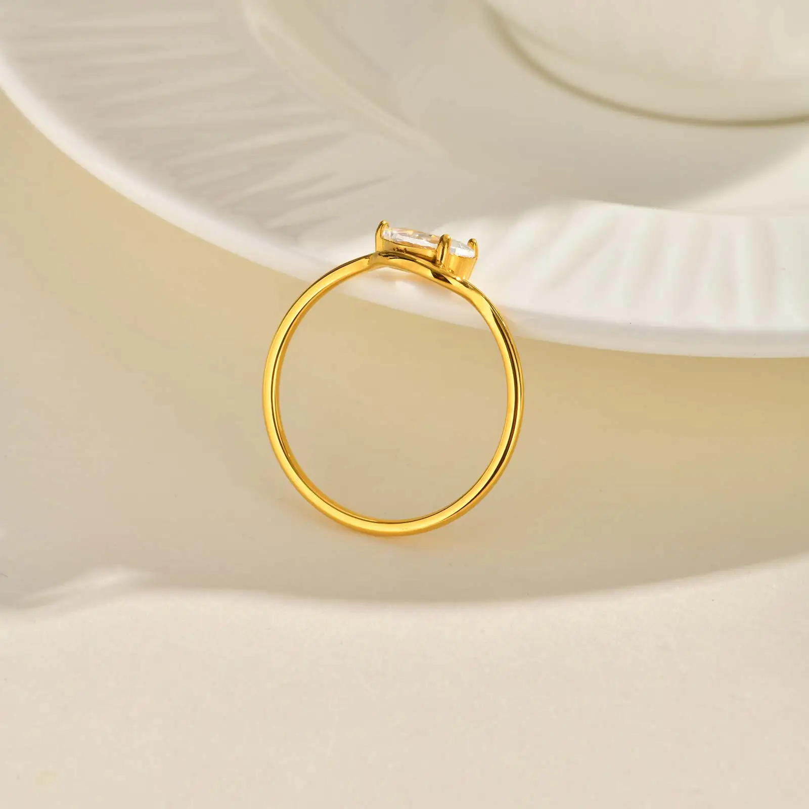 Minimalist Water Drop White Zircon Women Ring, Wave Drop Stainless Steel Ring, 18K Gold Plated Waterproof Luxury Jewelry