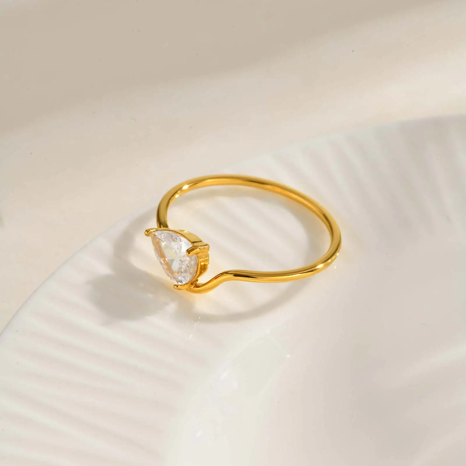 Minimalist Water Drop White Zircon Women Ring, Wave Drop Stainless Steel Ring, 18K Gold Plated Waterproof Luxury Jewelry