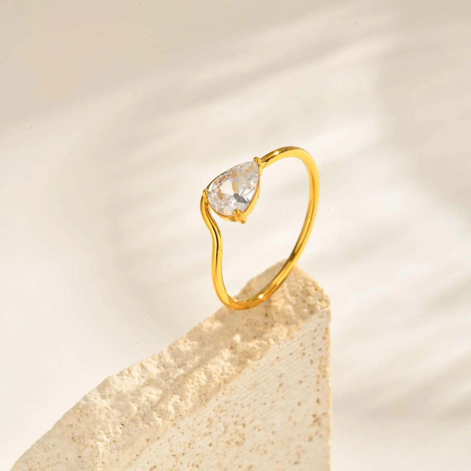 Minimalist Water Drop White Zircon Women Ring, Wave Drop Stainless Steel Ring, 18K Gold Plated Waterproof Luxury Jewelry