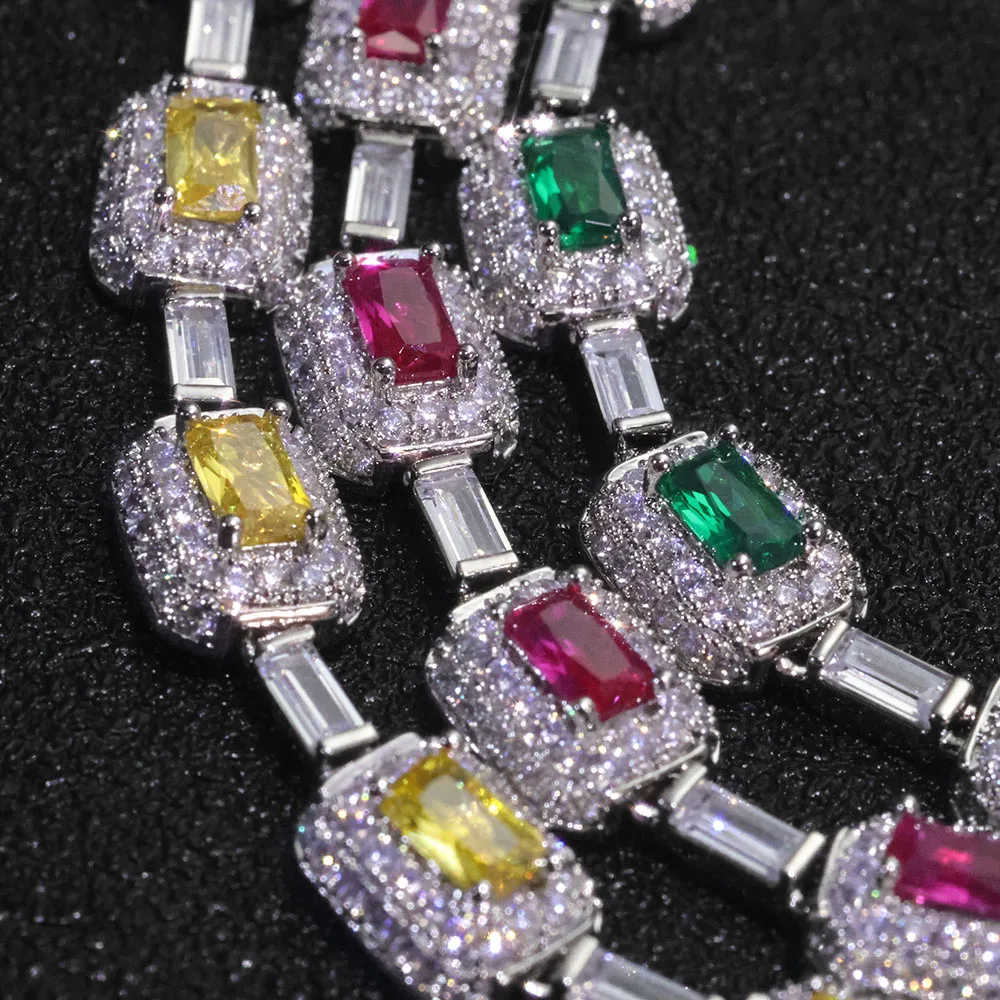 ESKEEM Fashion Jewelry Iced Emerald Cushion Cut Diamond Bracelet White Gold Inlaid Green Baguette Zircon Women's Bracelet ﻿