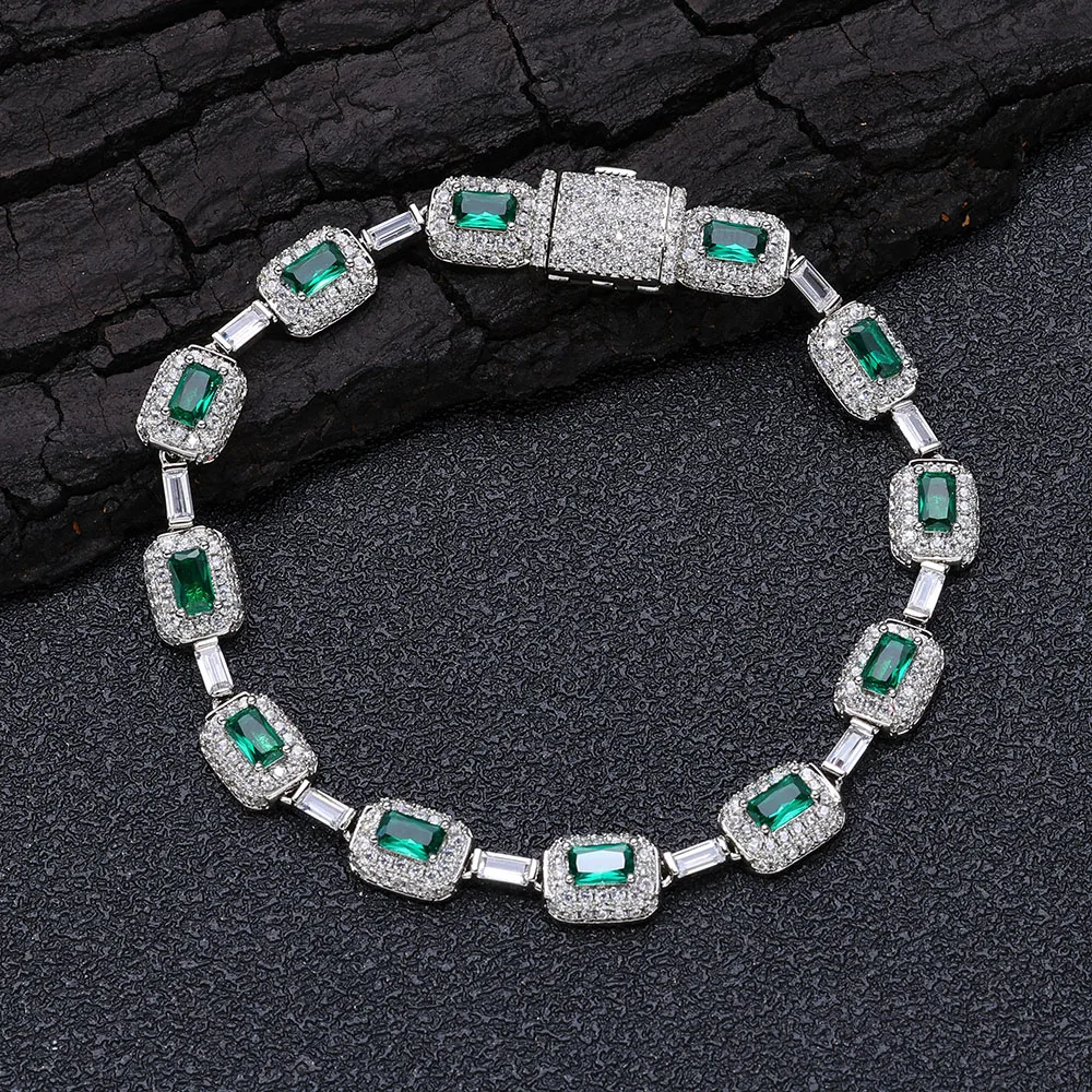 ESKEEM Fashion Jewelry Iced Emerald Cushion Cut Diamond Bracelet White Gold Inlaid Green Baguette Zircon Women's Bracelet ﻿