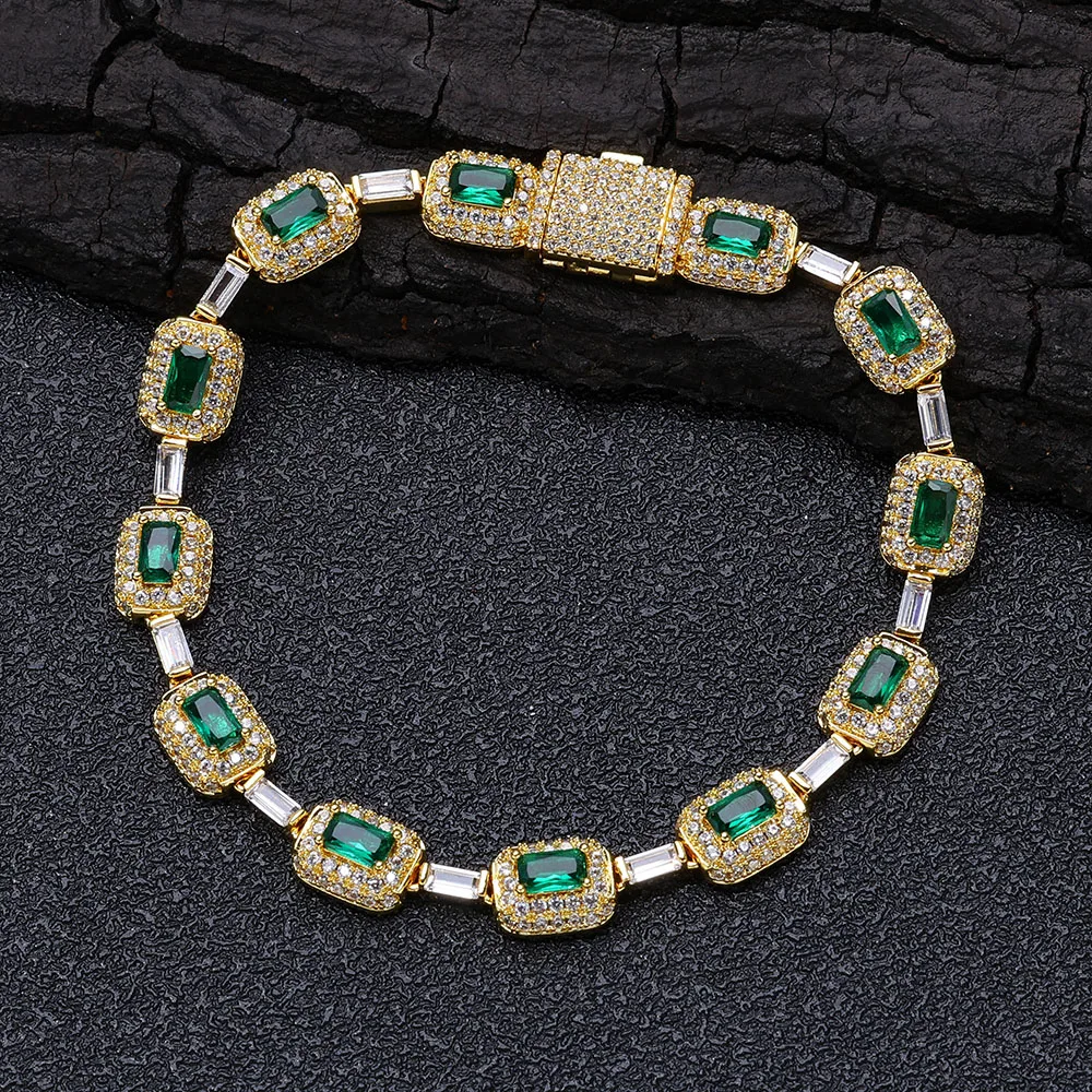 ESKEEM Fashion Jewelry Iced Emerald Cushion Cut Diamond Bracelet White Gold Inlaid Green Baguette Zircon Women's Bracelet ﻿