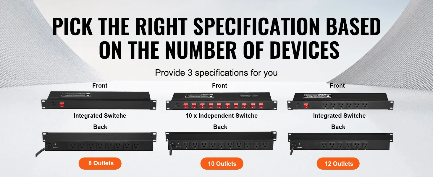 SucceBuy 1U PDU 8/10/12 Outlets 110-125V/15A Rack Mount Power Strip Fits Standard 19 Server Racks Ideal for Home and Office