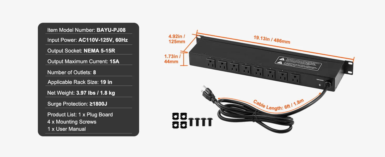 SucceBuy 1U PDU 8/10/12 Outlets 110-125V/15A Rack Mount Power Strip Fits Standard 19 Server Racks Ideal for Home and Office