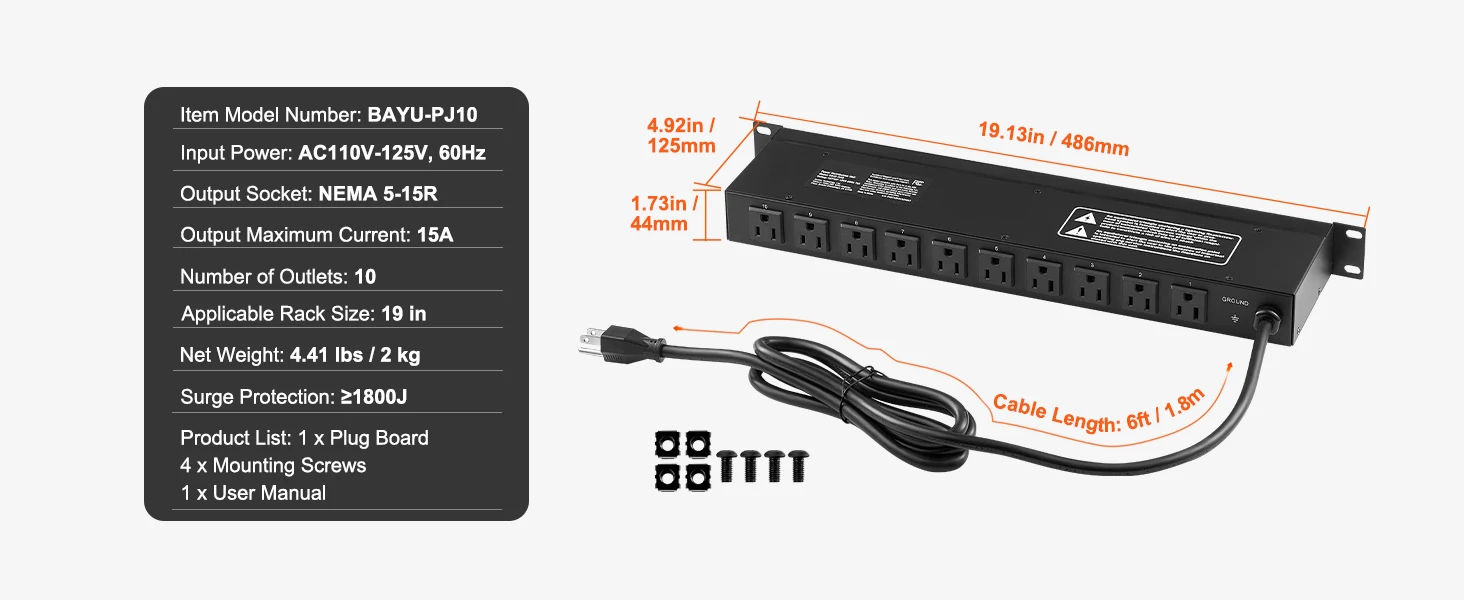 SucceBuy 1U PDU 8/10/12 Outlets 110-125V/15A Rack Mount Power Strip Fits Standard 19 Server Racks Ideal for Home and Office