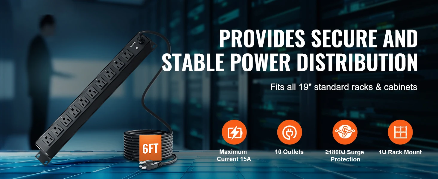 SucceBuy 1U PDU 8/10/12 Outlets 110-125V/15A Rack Mount Power Strip Fits Standard 19 Server Racks Ideal for Home and Office
