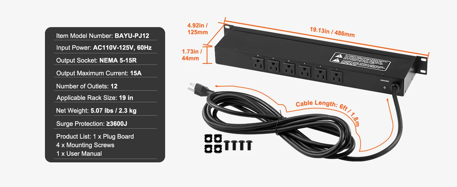 SucceBuy 1U PDU 8/10/12 Outlets 110-125V/15A Rack Mount Power Strip Fits Standard 19 Server Racks Ideal for Home and Office