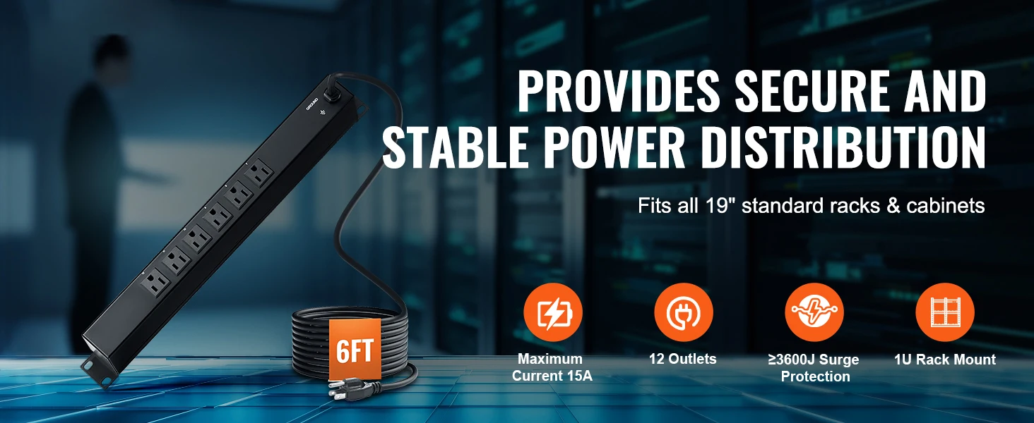 SucceBuy 1U PDU 8/10/12 Outlets 110-125V/15A Rack Mount Power Strip Fits Standard 19 Server Racks Ideal for Home and Office