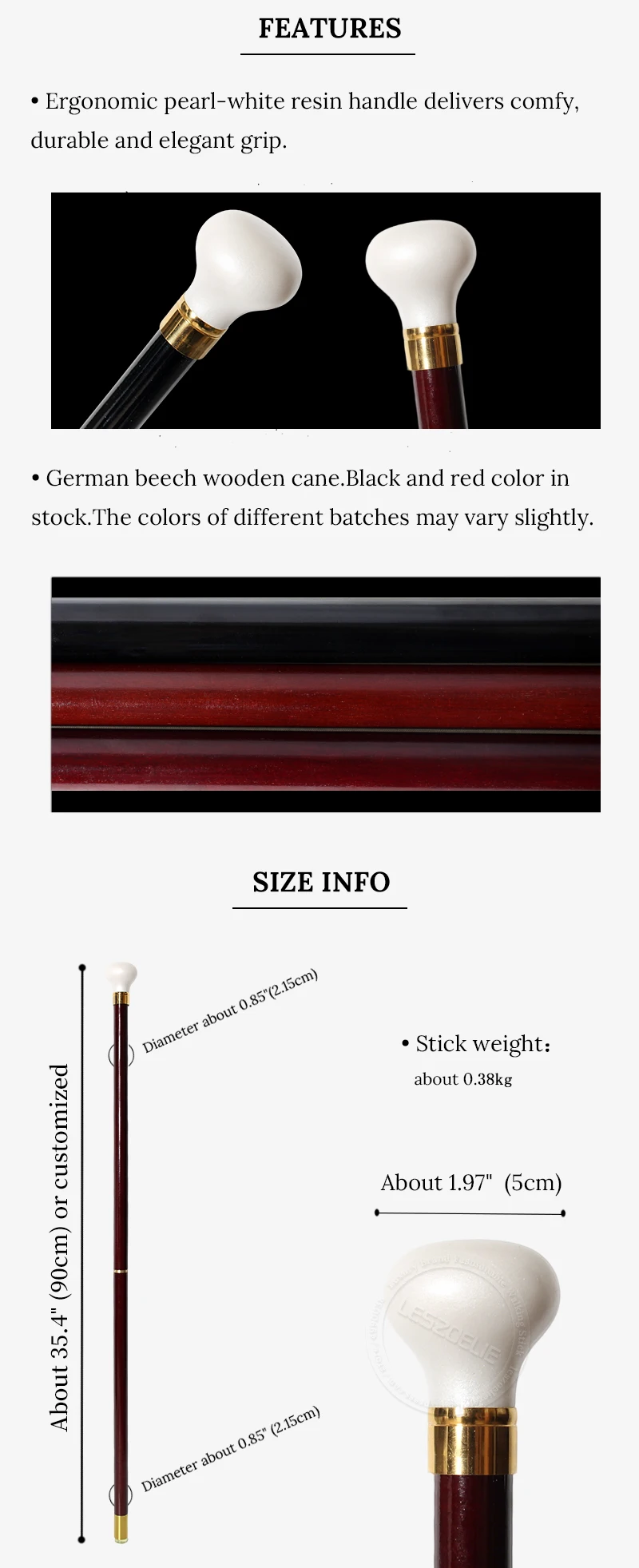 Fashion Smooth Round Pearl White Resin Handle Wooden Walking Cane Red 2-pieces Detachable Walking Stick for Men And Women