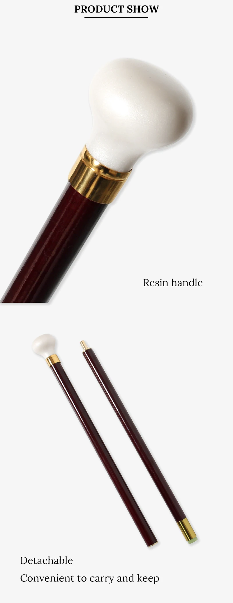 Fashion Smooth Round Pearl White Resin Handle Wooden Walking Cane Red 2-pieces Detachable Walking Stick for Men And Women