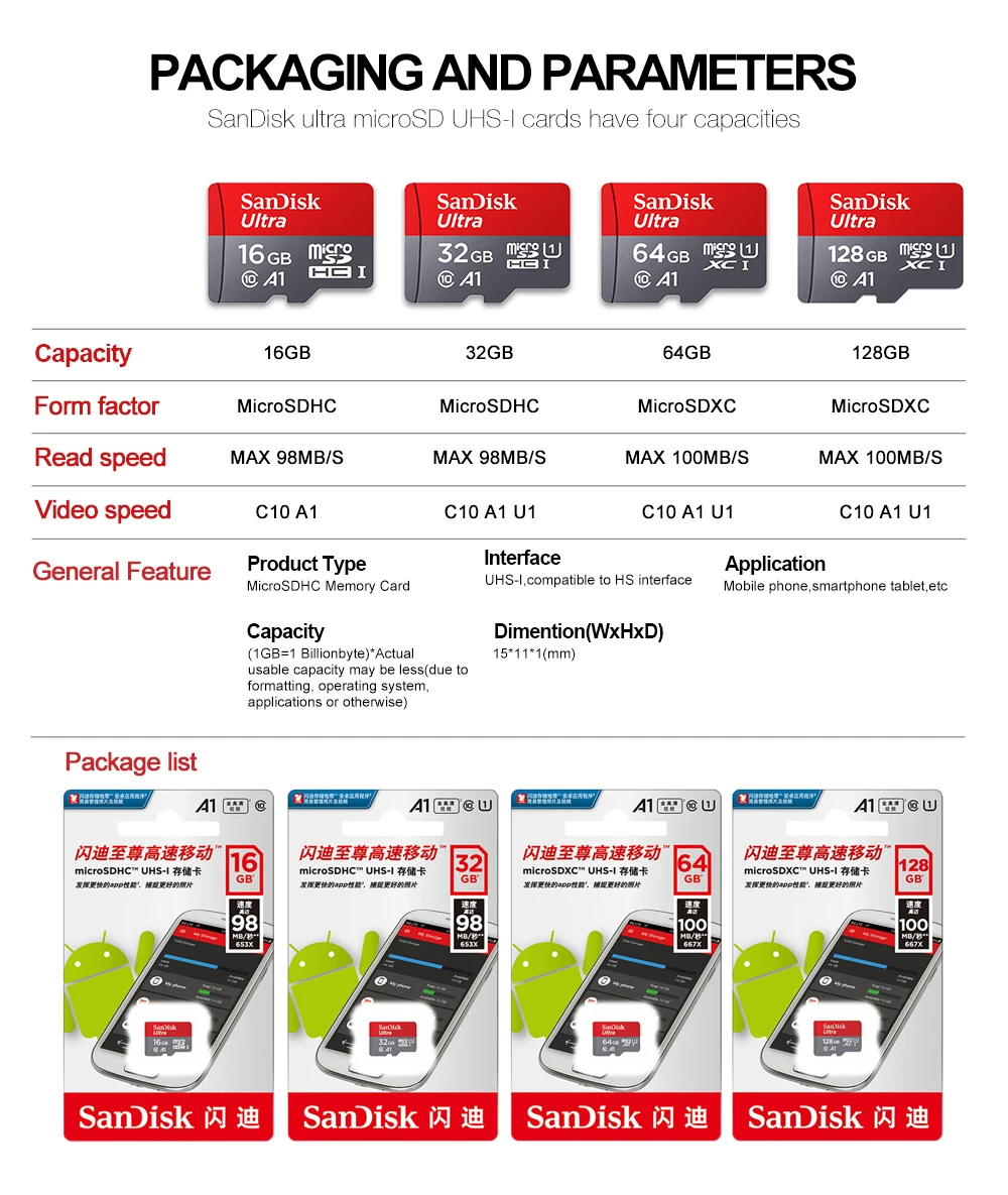 SanDisk 100% Original Memory Card 128GB 64GB 32GB A1 Micro SD Card Class 10 UHS-1 TF Flash Card for Samrtphone/PC