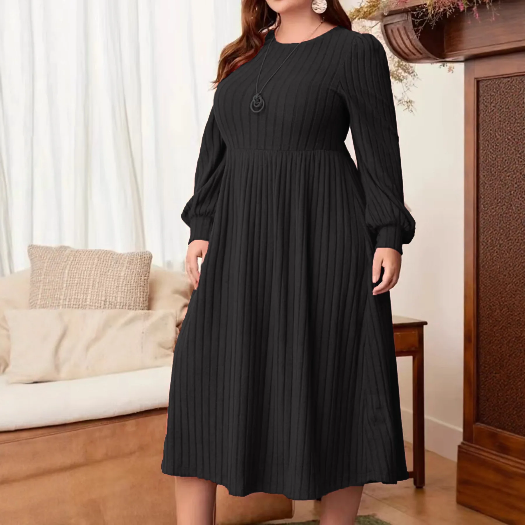 Plus Size Women's Autumn Winter Dresses Casual Solid Color O-Neck Long Sleeve Maxi Dress 5XL Big Sizes Women's Rib Knitted Dress