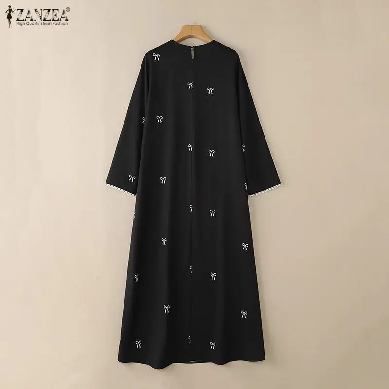 ZANZEA Muslim Modest Bow Printing Maxi Dress Women's O-Neck Lace Trim Long Sleeve Loose Abaya Islamic Hijabi Ramadan Robes Femme