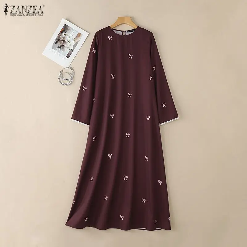 ZANZEA Muslim Modest Bow Printing Maxi Dress Women's O-Neck Lace Trim Long Sleeve Loose Abaya Islamic Hijabi Ramadan Robes Femme