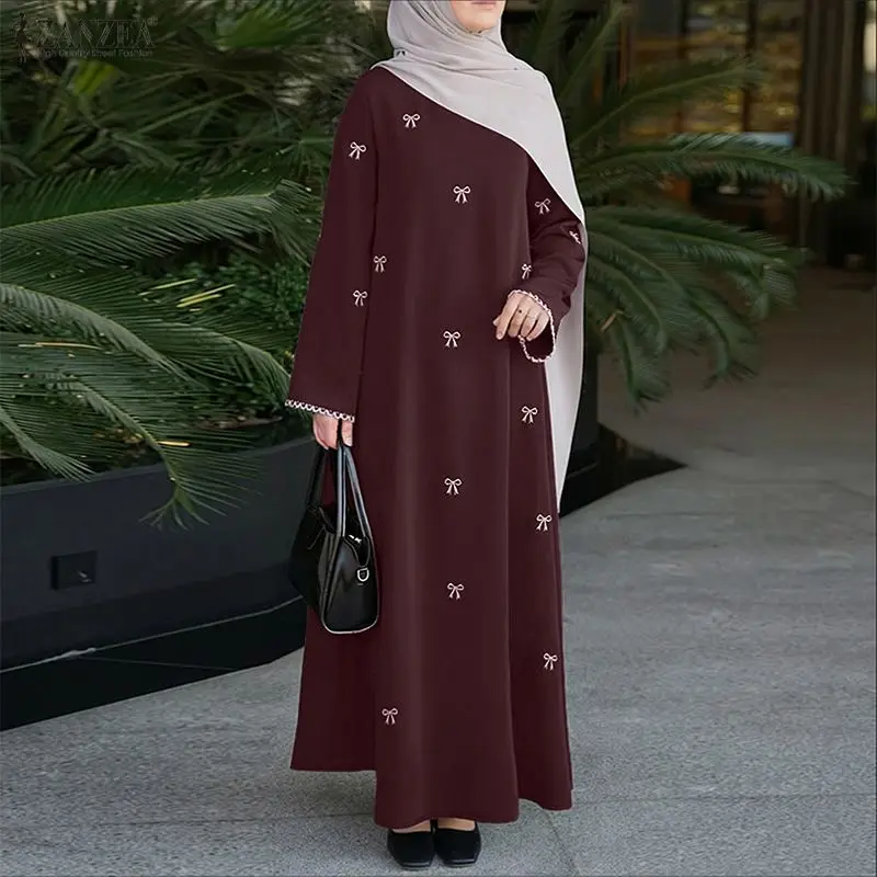 ZANZEA Muslim Modest Bow Printing Maxi Dress Women's O-Neck Lace Trim Long Sleeve Loose Abaya Islamic Hijabi Ramadan Robes Femme
