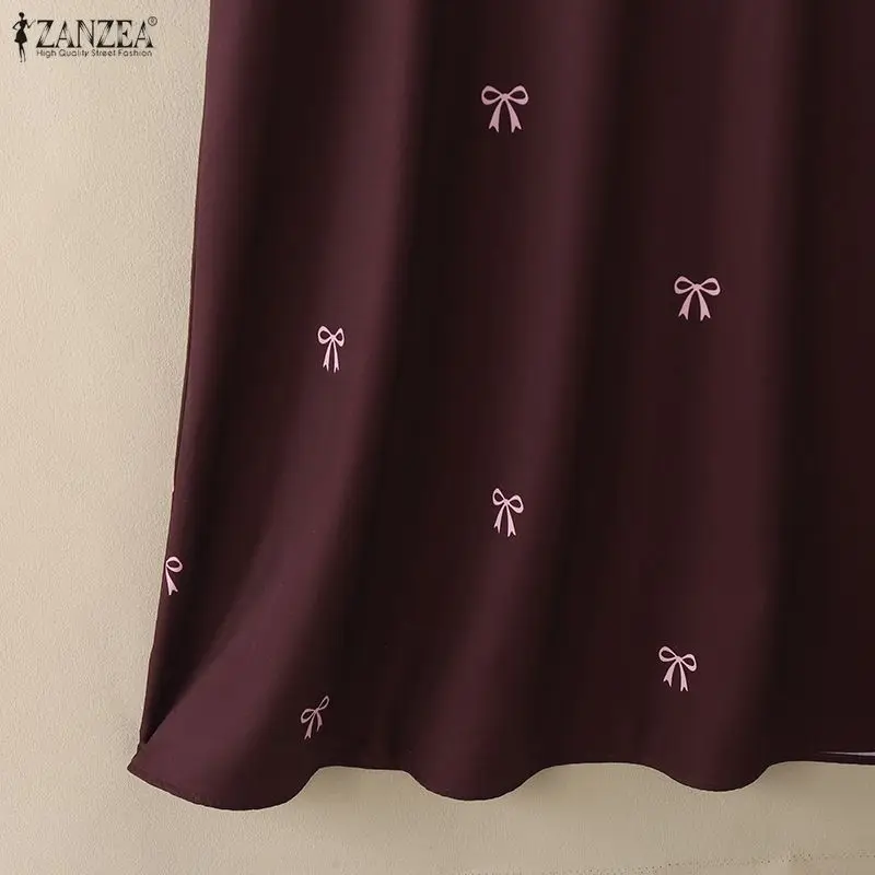 ZANZEA Muslim Modest Bow Printing Maxi Dress Women's O-Neck Lace Trim Long Sleeve Loose Abaya Islamic Hijabi Ramadan Robes Femme