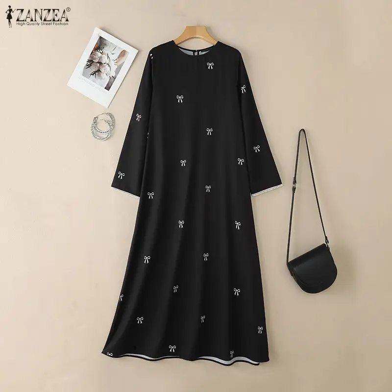 ZANZEA Muslim Modest Bow Printing Maxi Dress Women's O-Neck Lace Trim Long Sleeve Loose Abaya Islamic Hijabi Ramadan Robes Femme