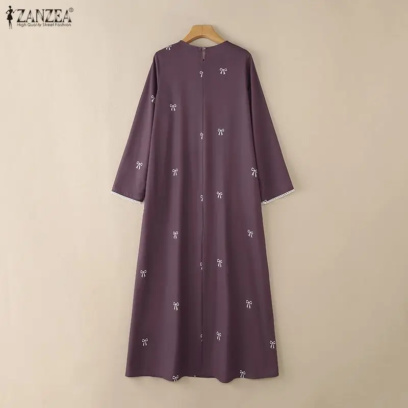 ZANZEA Muslim Modest Bow Printing Maxi Dress Women's O-Neck Lace Trim Long Sleeve Loose Abaya Islamic Hijabi Ramadan Robes Femme