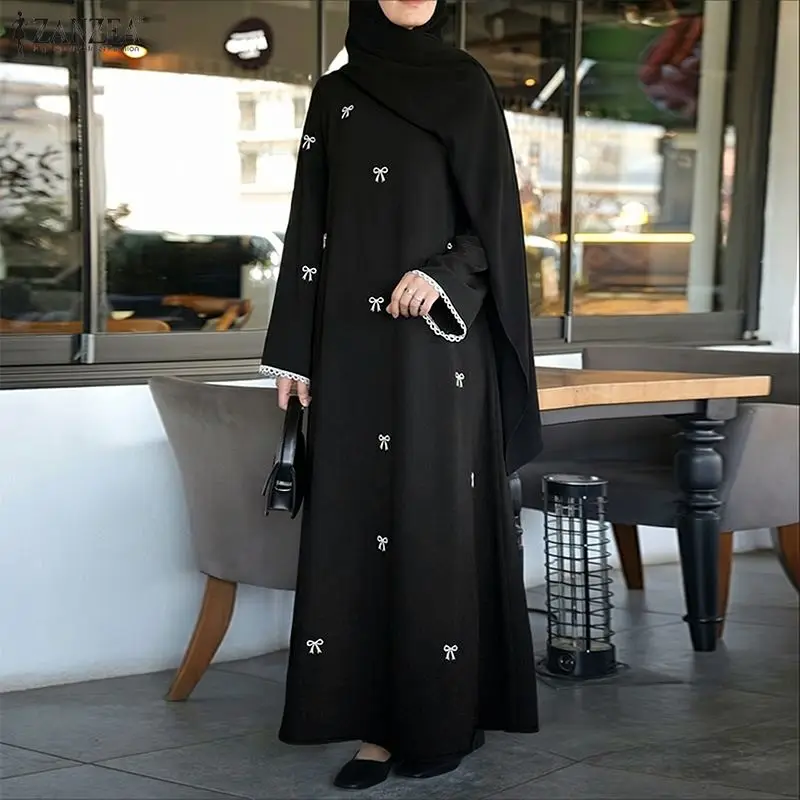 ZANZEA Muslim Modest Bow Printing Maxi Dress Women's O-Neck Lace Trim Long Sleeve Loose Abaya Islamic Hijabi Ramadan Robes Femme