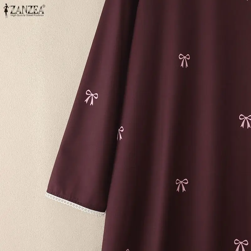 ZANZEA Muslim Modest Bow Printing Maxi Dress Women's O-Neck Lace Trim Long Sleeve Loose Abaya Islamic Hijabi Ramadan Robes Femme