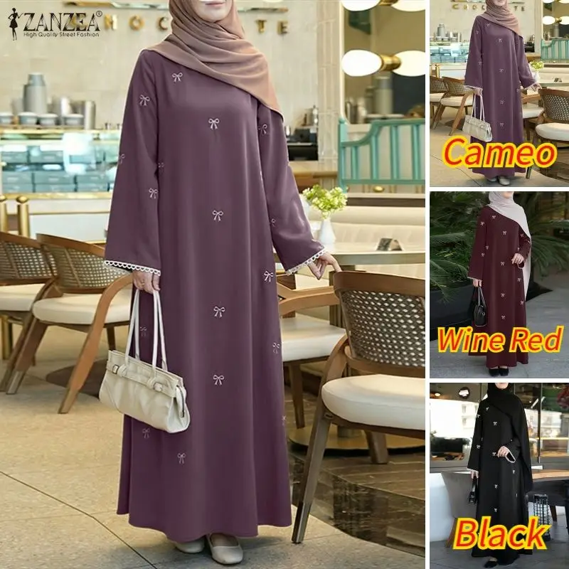 ZANZEA Muslim Modest Bow Printing Maxi Dress Women's O-Neck Lace Trim Long Sleeve Loose Abaya Islamic Hijabi Ramadan Robes Femme
